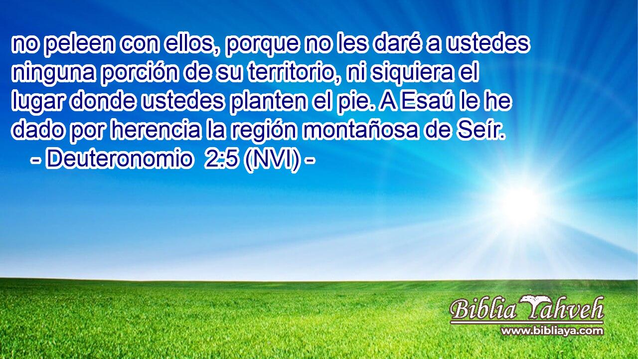  no peleen con ellos, porque no les daré a ustedes ninguna porción de su territorio, ni siquiera el lugar donde ustedes planten el pie. A Esaú le he dado por herencia la región montañosa de Seír. 