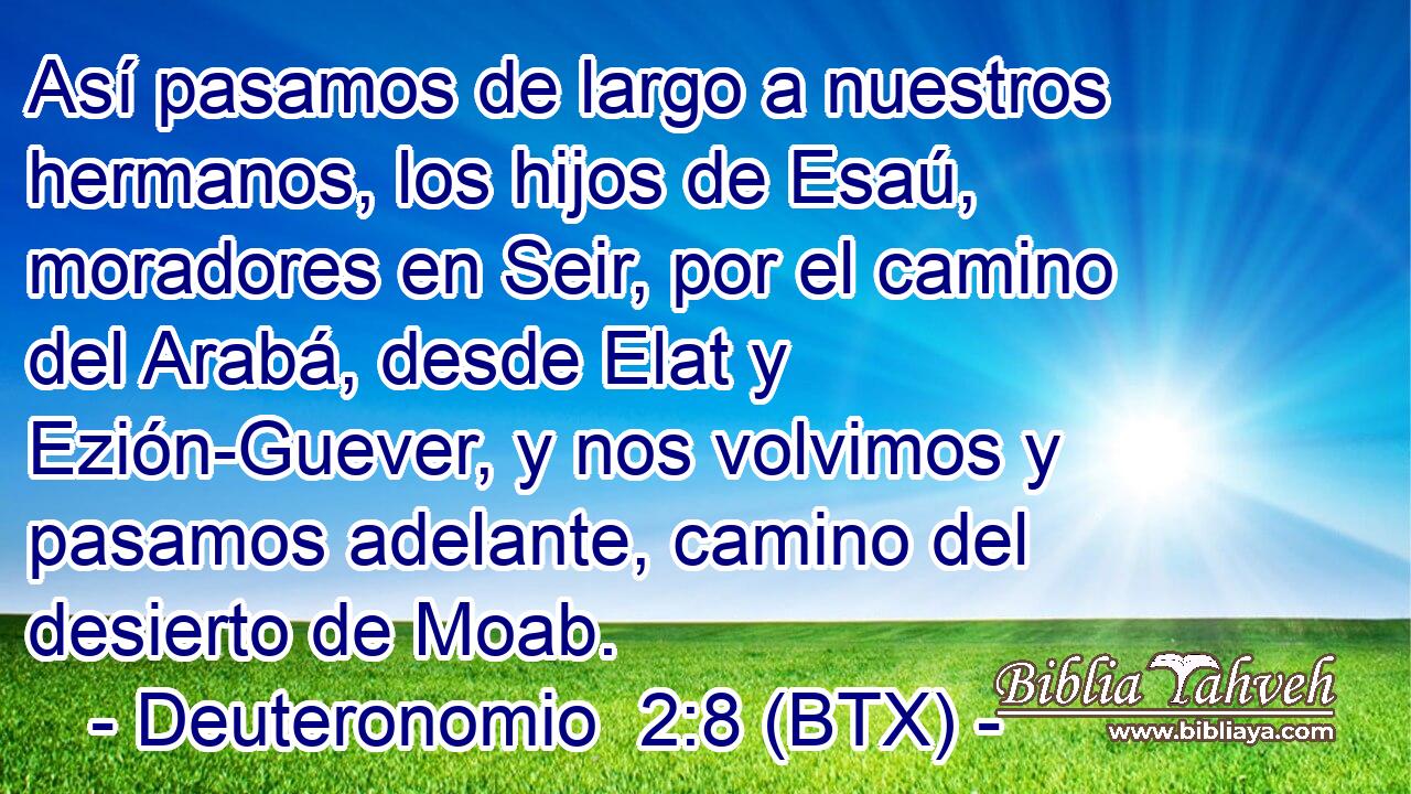 Así pasamos de largo a nuestros hermanos, los hijos de Esaú, moradores en Seir, por el camino del Arabá, desde Elat y Ezión-Guever, y nos volvimos y pasamos adelante, camino del desierto de Moab.