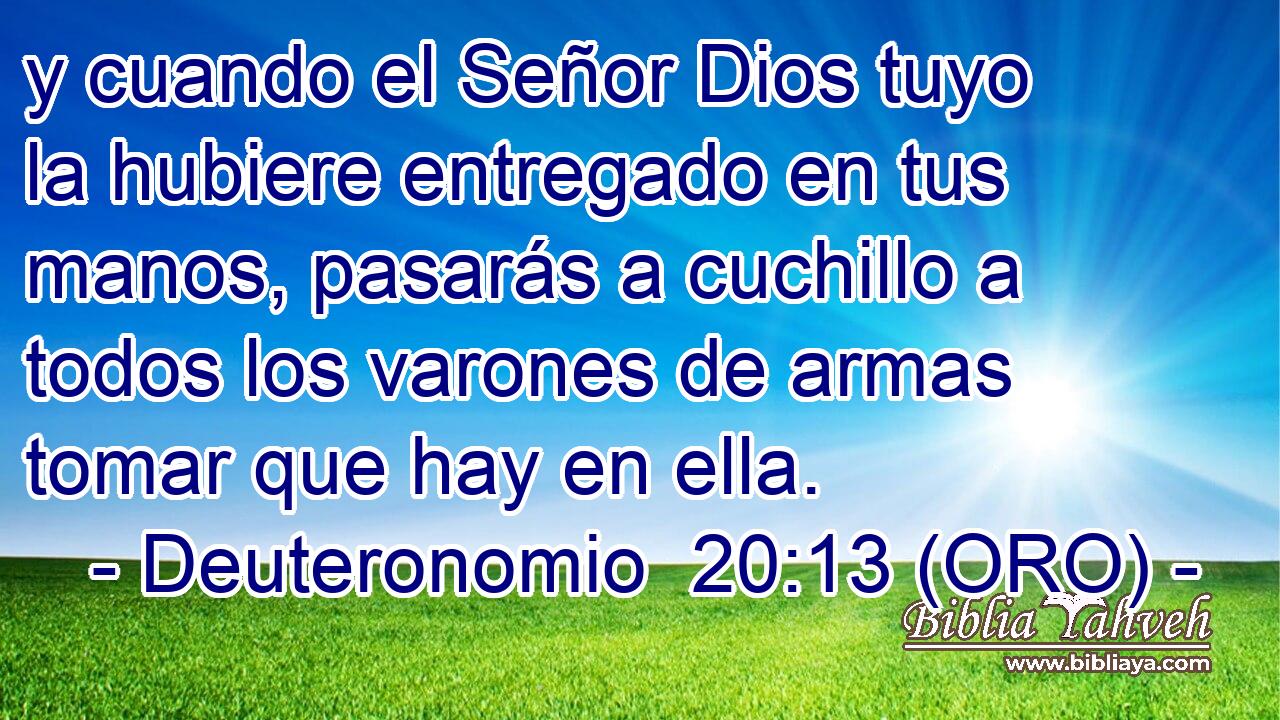  y cuando el Señor Dios tuyo la hubiere entregado en tus manos, pasarás a cuchillo a todos los varones de armas tomar que hay en ella. 