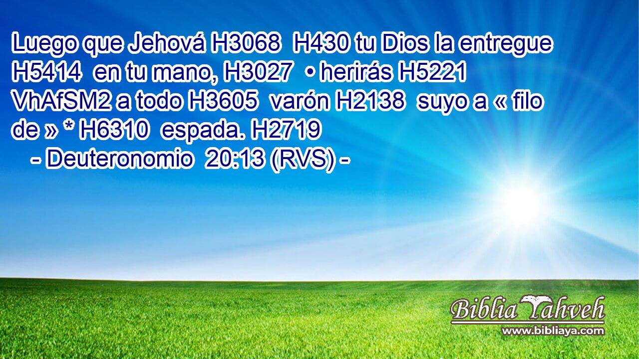 Luego que Jehová H3068  H430 tu Dios la entregue H5414  en tu mano, H3027  • herirás H5221 VhAfSM2 a todo H3605  varón H2138  suyo a « filo de » * H6310  espada. H2719  