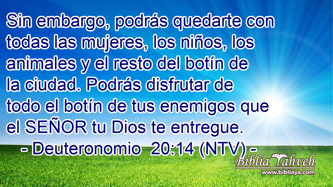 Sin embargo, podrás quedarte con todas las mujeres, los niños, los animales y el resto del botín de la ciudad. Podrás disfrutar de todo el botín de tus enemigos que el SEÑOR tu Dios te entregue.