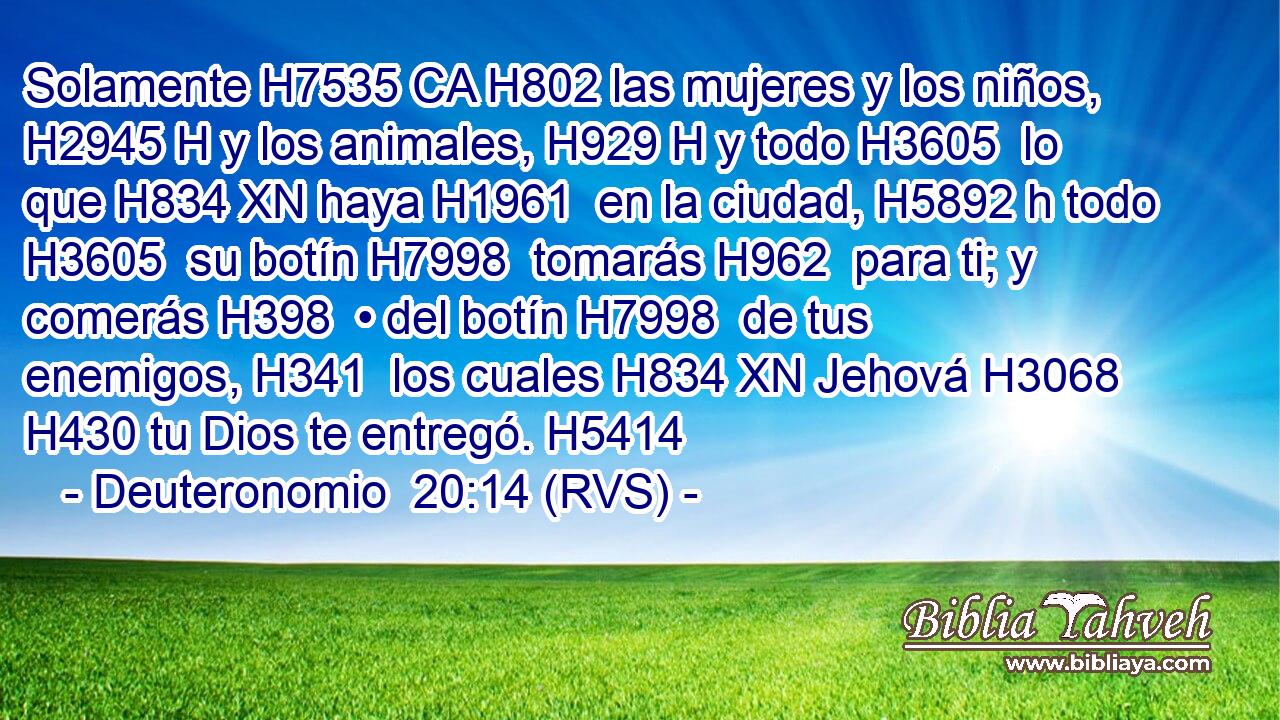 Solamente H7535 CA H802 las mujeres y los niños, H2945 H y los animales, H929 H y todo H3605  lo que H834 XN haya H1961  en la ciudad, H5892 h todo H3605  su botín H7998  tomarás H962  para ti; y comerás H398  • del botín H7998  de tus enemigos, H341  los cuales H834 XN Jehová H3068  H430 tu Dios te entregó. H5414  