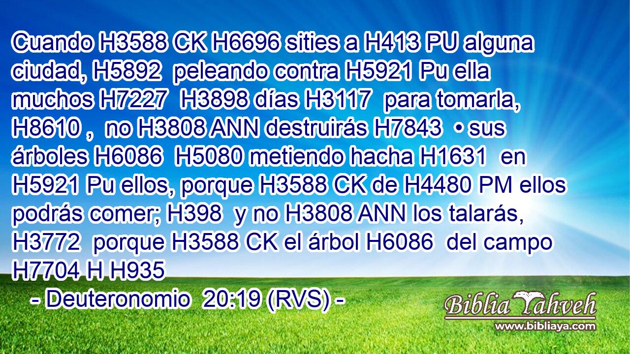 Cuando H3588 CK H6696 sities a H413 PU alguna ciudad, H5892  peleando contra H5921 Pu ella muchos H7227  H3898 días H3117  para tomarla, H8610 ,  no H3808 ANN destruirás H7843  • sus árboles H6086  H5080 metiendo hacha H1631  en H5921 Pu ellos, porque H3588 CK de H4480 PM ellos podrás comer; H398  y no H3808 ANN los talarás, H3772  porque H3588 CK el árbol H6086  del campo H7704 H H935