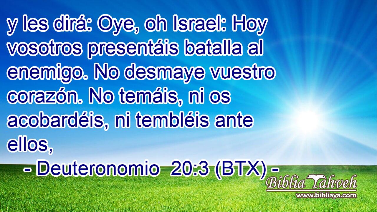 y les dirá: Oye, oh Israel: Hoy vosotros presentáis batalla al enemigo. No desmaye vuestro corazón. No temáis, ni os acobardéis, ni tembléis ante ellos,