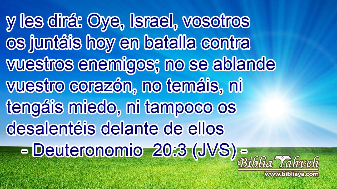 y les dirá: Oye, Israel, vosotros os juntáis hoy en batalla contra vuestros enemigos; no se ablande vuestro corazón, no temáis, ni tengáis miedo, ni tampoco os desalentéis delante de ellos