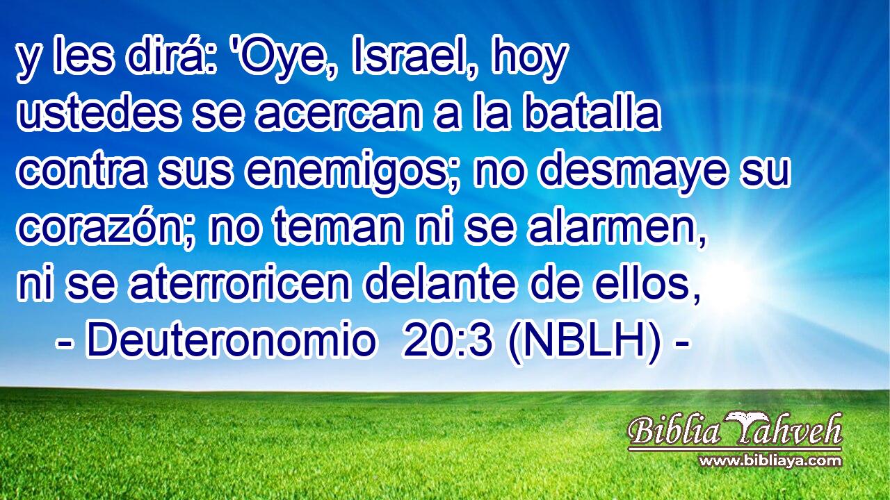  y les dirá: 'Oye, Israel, hoy ustedes se acercan a la batalla contra sus enemigos; no desmaye su corazón; no teman ni se alarmen, ni se aterroricen delante de ellos, 