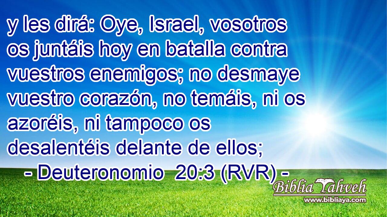 y les dirá: Oye, Israel, vosotros os juntáis hoy en batalla contra vuestros enemigos; no desmaye vuestro corazón, no temáis, ni os azoréis, ni tampoco os desalentéis delante de ellos;
