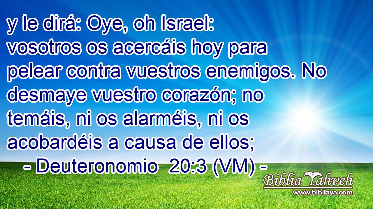  y le dirá: Oye, oh Israel: vosotros os acercáis hoy para pelear contra vuestros enemigos. No desmaye vuestro corazón; no temáis, ni os alarméis, ni os acobardéis a causa de ellos; 