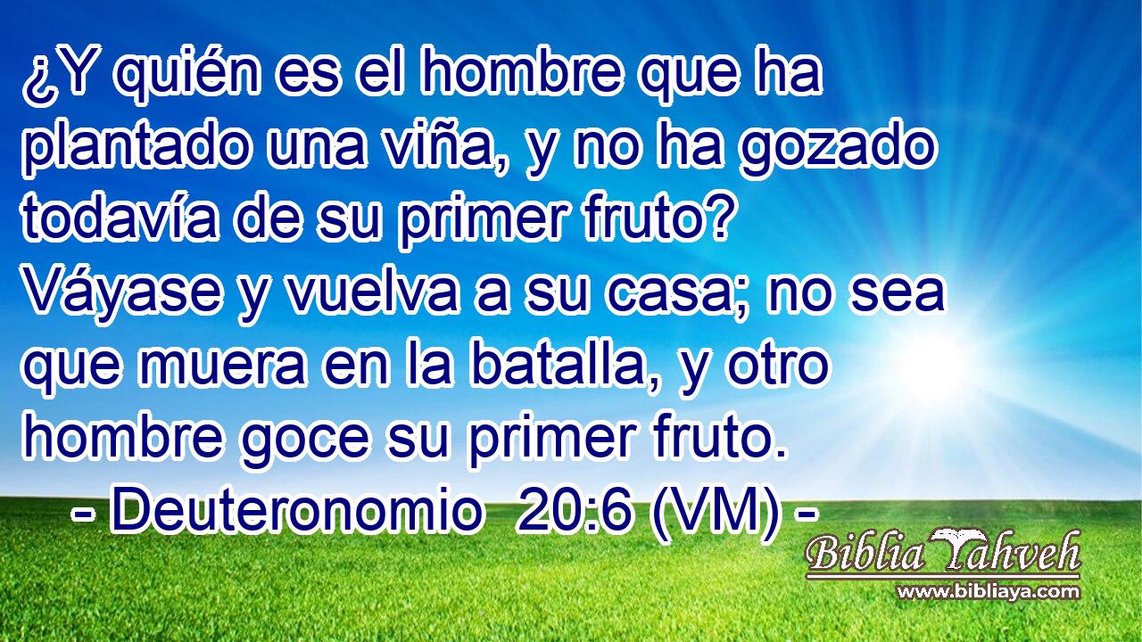  ¿Y quién es el hombre que ha plantado una viña, y no ha gozado todavía de su primer fruto? Váyase y vuelva a su casa; no sea que muera en la batalla, y otro hombre goce su primer fruto. 
