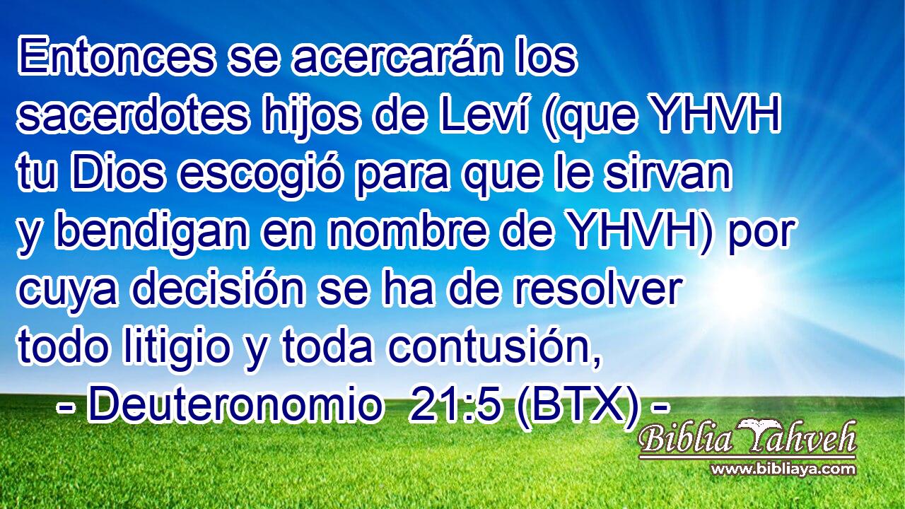 Entonces se acercarán los sacerdotes hijos de Leví (que YHVH tu Dios escogió para que le sirvan y bendigan en nombre de YHVH) por cuya decisión se ha de resolver todo litigio y toda contusión,