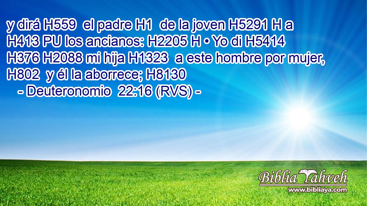 y dirá H559  el padre H1  de la joven H5291 H a H413 PU los ancianos: H2205 H • Yo di H5414  H376 H2088 mi hija H1323  a este hombre por mujer, H802  y él la aborrece; H8130  