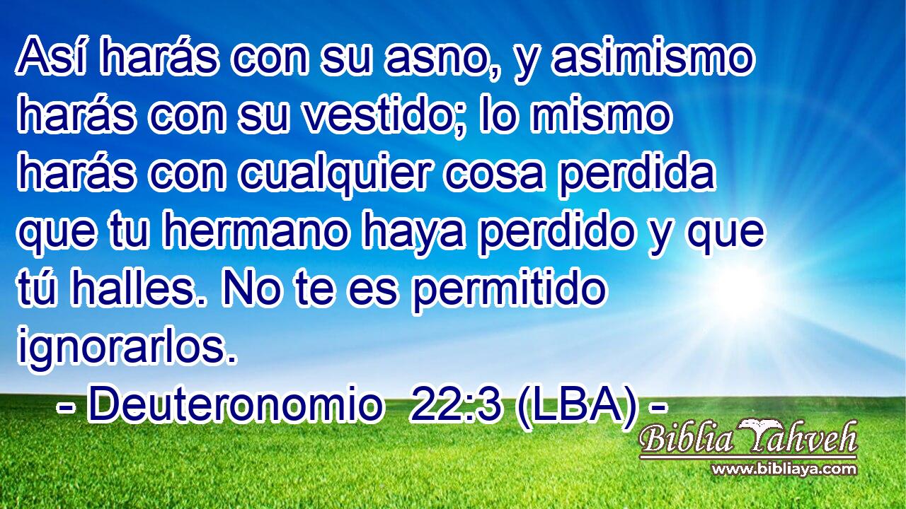 Así harás con su asno, y asimismo harás con su vestido; lo mismo harás con cualquier cosa perdida que tu hermano haya perdido y que tú halles. No te es permitido ignorarlos.
