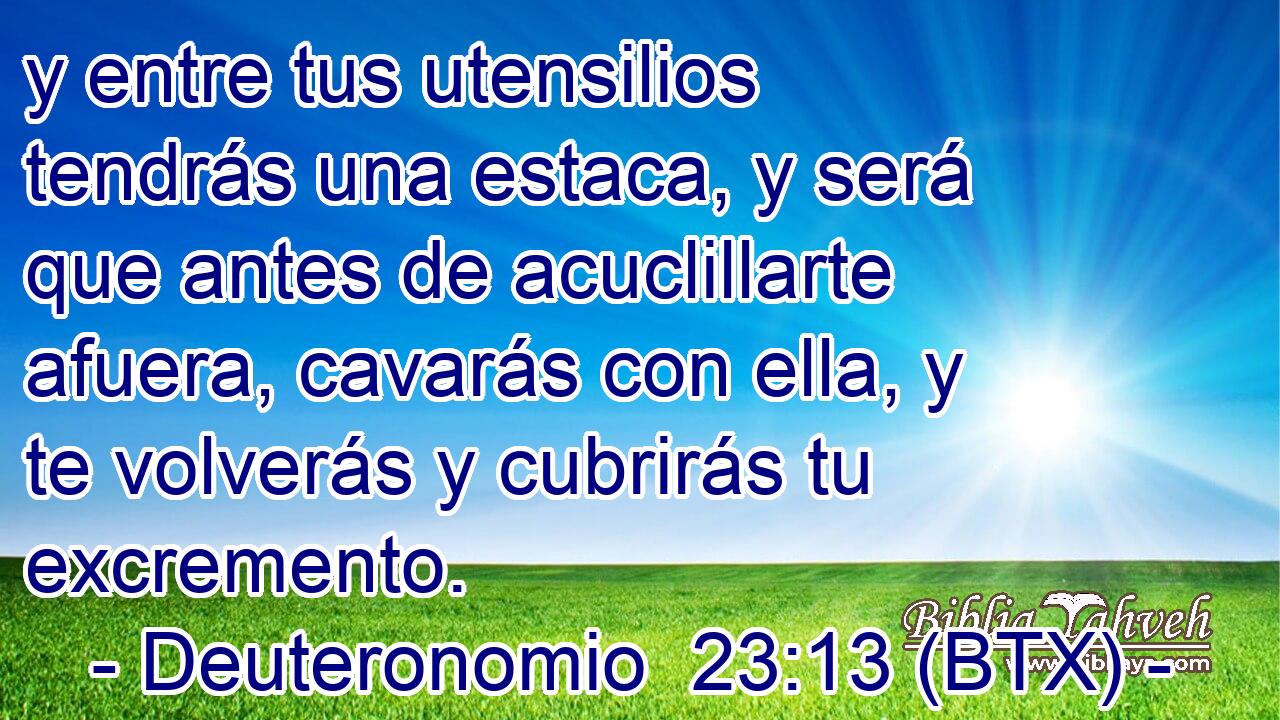 y entre tus utensilios tendrás una estaca, y será que antes de acuclillarte afuera, cavarás con ella, y te volverás y cubrirás tu excremento.