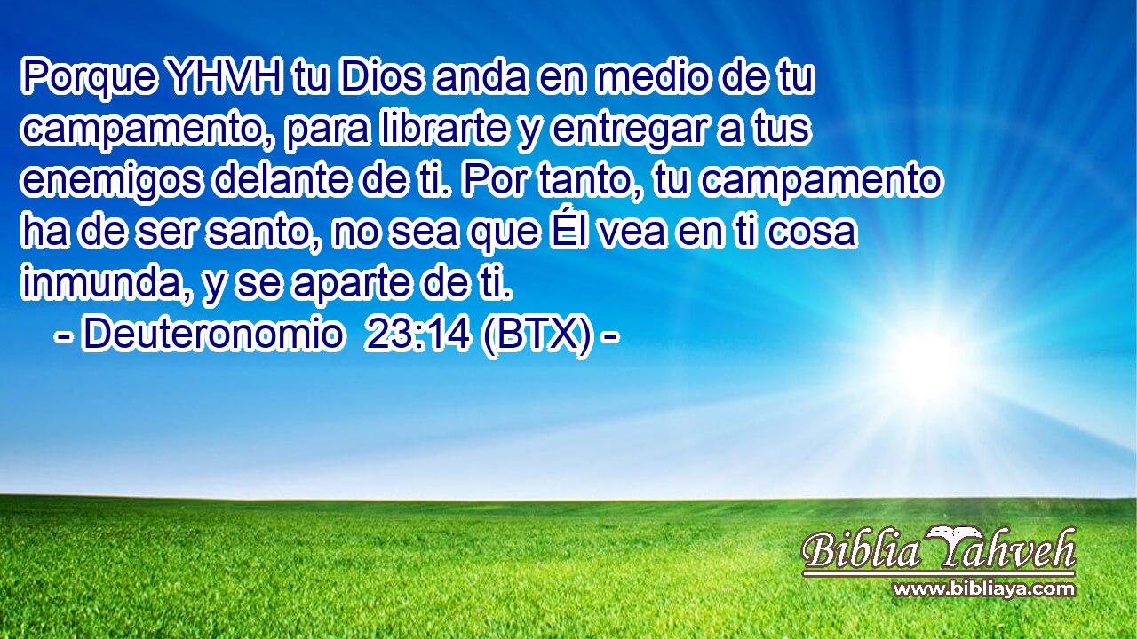 Porque YHVH tu Dios anda en medio de tu campamento, para librarte y entregar a tus enemigos delante de ti. Por tanto, tu campamento ha de ser santo, no sea que Él vea en ti cosa inmunda, y se aparte de ti.