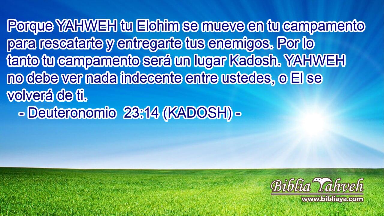  Porque YAHWEH tu Elohim se mueve en tu campamento para rescatarte y entregarte tus enemigos. Por lo tanto tu campamento será un lugar Kadosh. YAHWEH no debe ver nada indecente entre ustedes, o El se volverá de ti. 