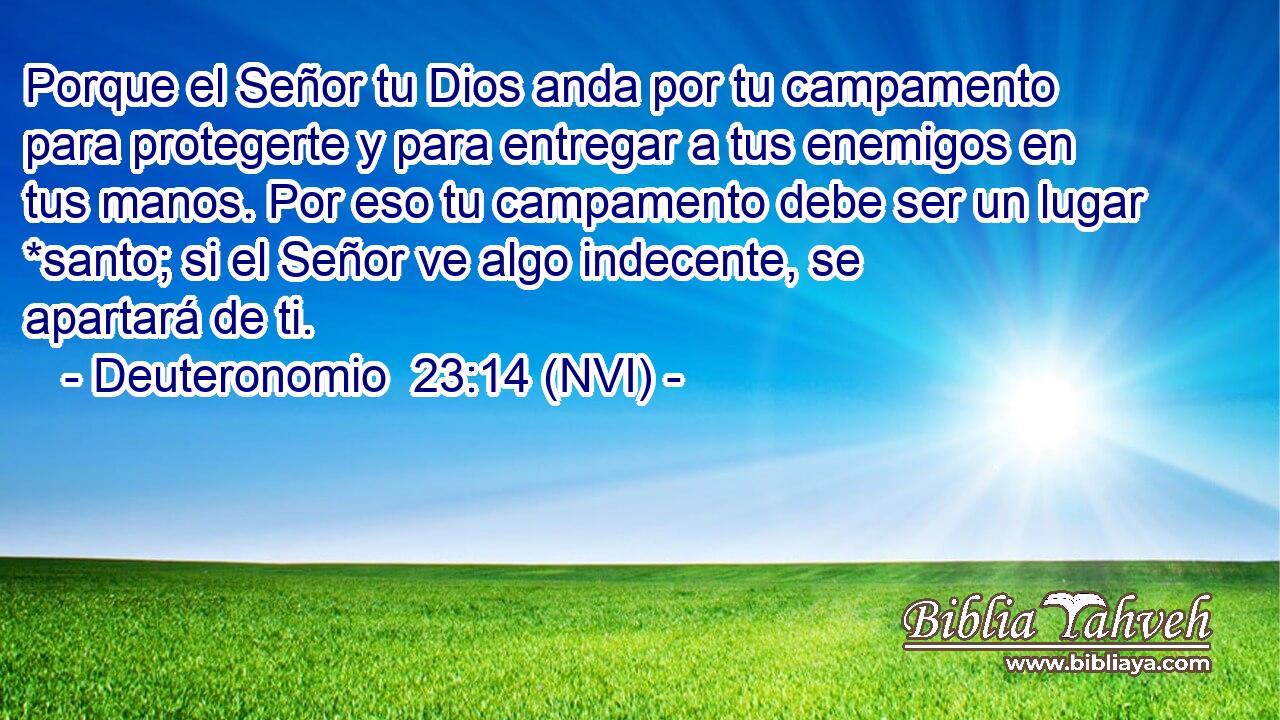  Porque el Señor tu Dios anda por tu campamento para protegerte y para entregar a tus enemigos en tus manos. Por eso tu campamento debe ser un lugar *santo; si el Señor ve algo indecente, se apartará de ti. 