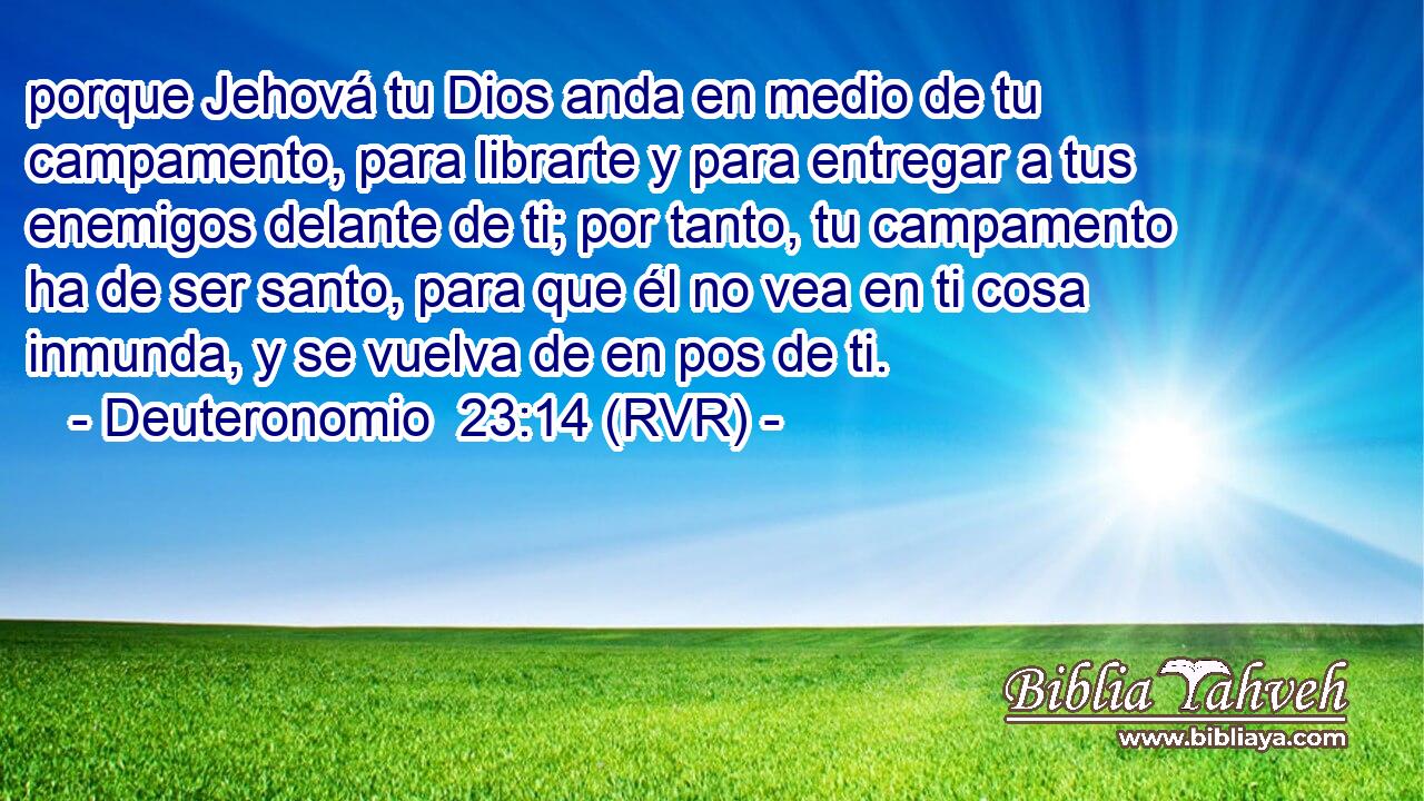 porque Jehová tu Dios anda en medio de tu campamento, para librarte y para entregar a tus enemigos delante de ti; por tanto, tu campamento ha de ser santo, para que él no vea en ti cosa inmunda, y se vuelva de en pos de ti.