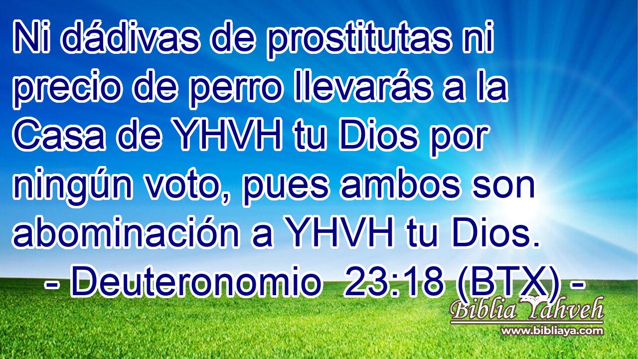 Ni dádivas de prostitutas ni precio de perro llevarás a la Casa de YHVH tu Dios por ningún voto, pues ambos son abominación a YHVH tu Dios.