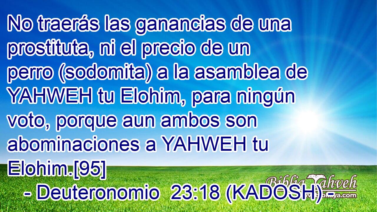  No traerás las ganancias de una prostituta, ni el precio de un perro (sodomita) a la asamblea de YAHWEH tu Elohim, para ningún voto, porque aun ambos son abominaciones a YAHWEH tu Elohim.[95] 
