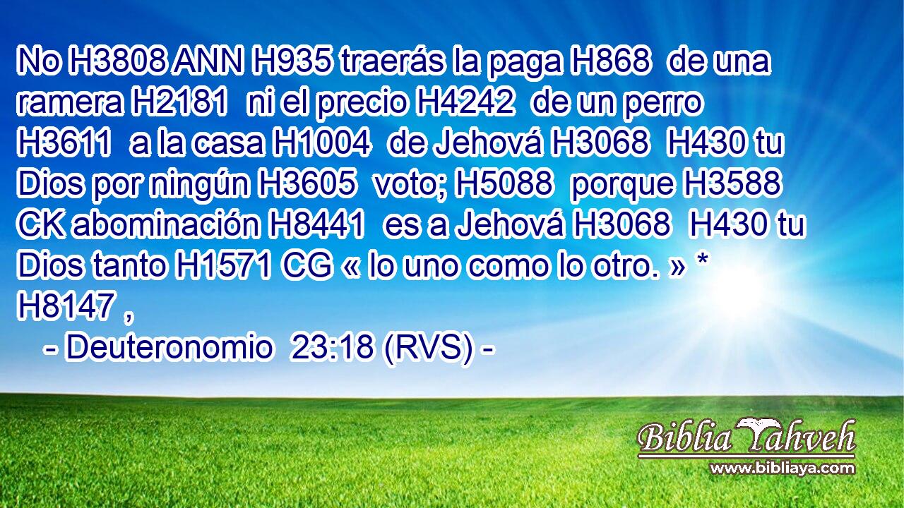 No H3808 ANN H935 traerás la paga H868  de una ramera H2181  ni el precio H4242  de un perro H3611  a la casa H1004  de Jehová H3068  H430 tu Dios por ningún H3605  voto; H5088  porque H3588 CK abominación H8441  es a Jehová H3068  H430 tu Dios tanto H1571 CG « lo uno como lo otro. » * H8147 ,  