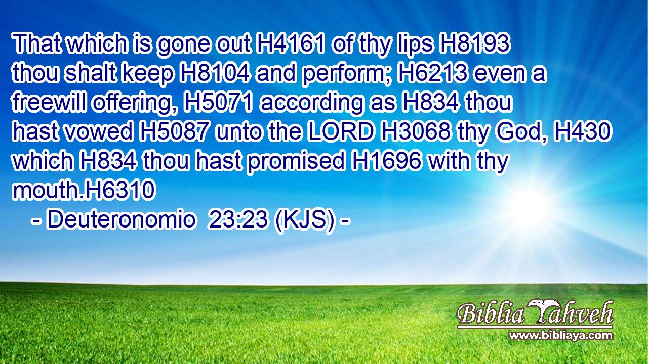 That which is gone out H4161 of thy lips H8193 thou shalt keep H8104 and perform; H6213 even a freewill offering, H5071 according as H834 thou hast vowed H5087 unto the LORD H3068 thy God, H430 which H834 thou hast promised H1696 with thy mouth.H6310