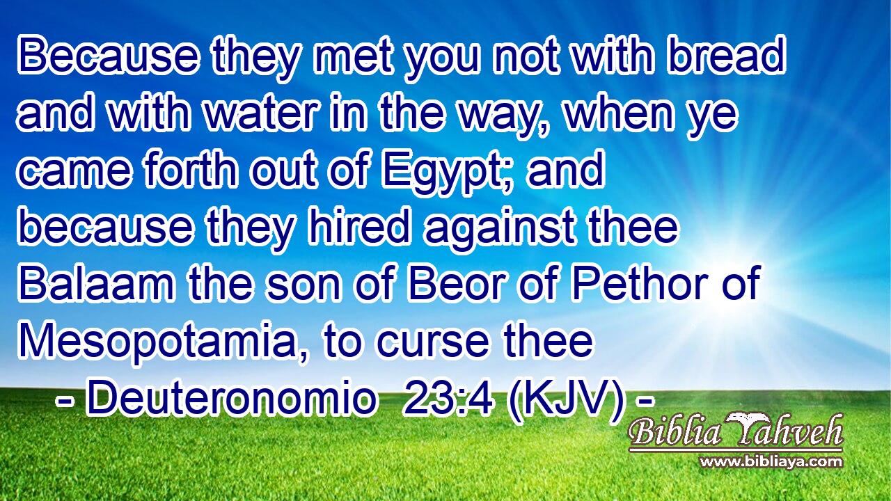 Because they met you not with bread and with water in the way, when ye came forth out of Egypt; and because they hired against thee Balaam the son of Beor of Pethor of Mesopotamia, to curse thee