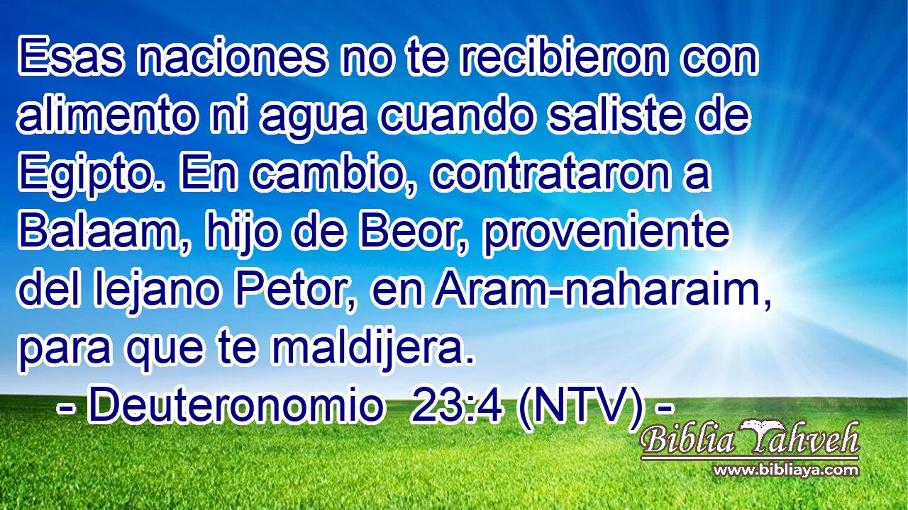 Esas naciones no te recibieron con alimento ni agua cuando saliste de Egipto. En cambio, contrataron a Balaam, hijo de Beor, proveniente del lejano Petor, en Aram-naharaim, para que te maldijera.