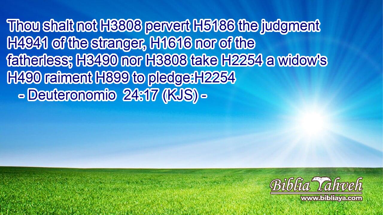 Thou shalt not H3808 pervert H5186 the judgment H4941 of the stranger, H1616 nor of the fatherless; H3490 nor H3808 take H2254 a widow's H490 raiment H899 to pledge:H2254