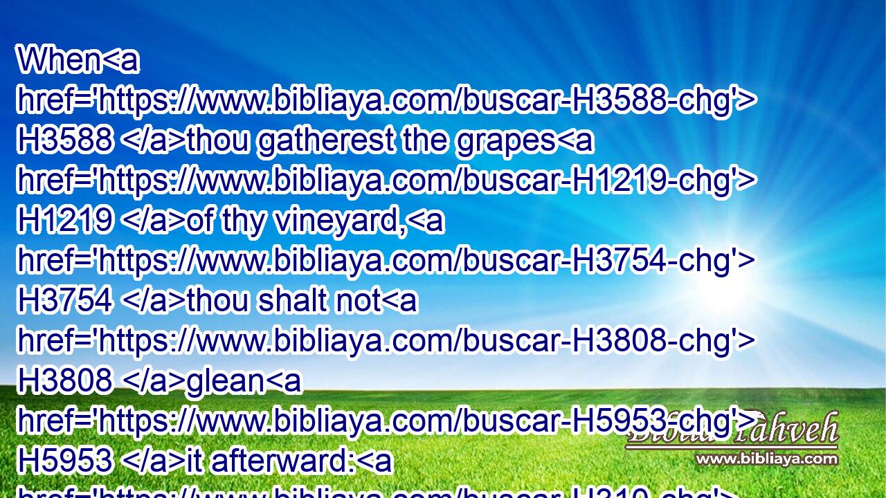 When H3588 thou gatherest the grapes H1219 of thy vineyard, H3754 thou shalt not H3808 glean H5953 it afterward: H310 it shall be H1961 for the stranger, H1616 for the fatherless, H3490 and for the widow.H490