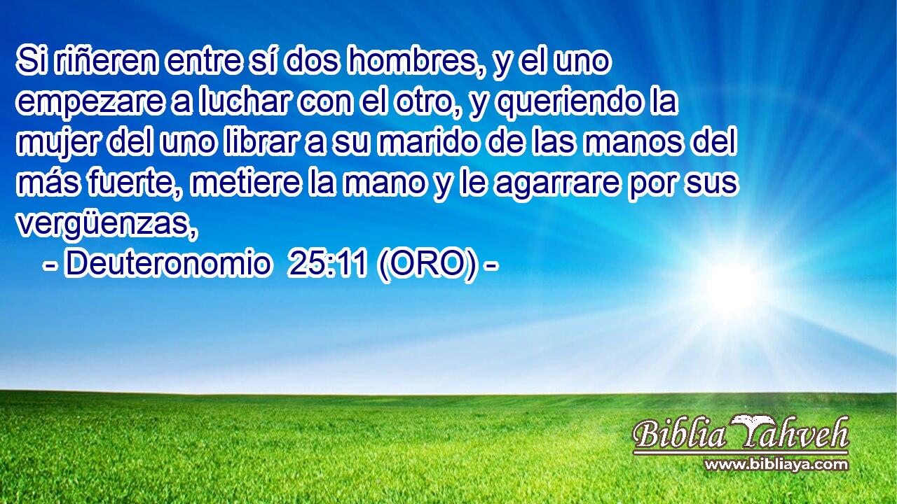  Si riñeren entre sí dos hombres, y el uno empezare a luchar con el otro, y queriendo la mujer del uno librar a su marido de las manos del más fuerte, metiere la mano y le agarrare por sus vergüenzas, 