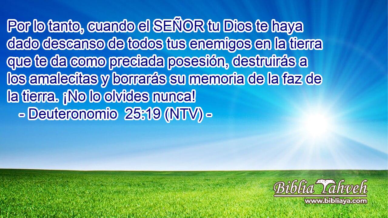 Por lo tanto, cuando el SEÑOR tu Dios te haya dado descanso de todos tus enemigos en la tierra que te da como preciada posesión, destruirás a los amalecitas y borrarás su memoria de la faz de la tierra. ¡No lo olvides nunca!