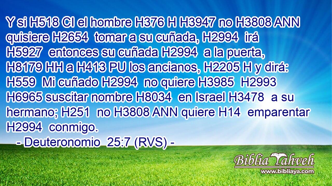 Y si H518 CI el hombre H376 H H3947 no H3808 ANN quisiere H2654  tomar a su cuñada, H2994  irá H5927  entonces su cuñada H2994  a la puerta, H8179 HH a H413 PU los ancianos, H2205 H y dirá: H559  Mi cuñado H2994  no quiere H3985  H2993 H6965 suscitar nombre H8034  en Israel H3478  a su hermano; H251  no H3808 ANN quiere H14  emparentar H2994  conmigo. 