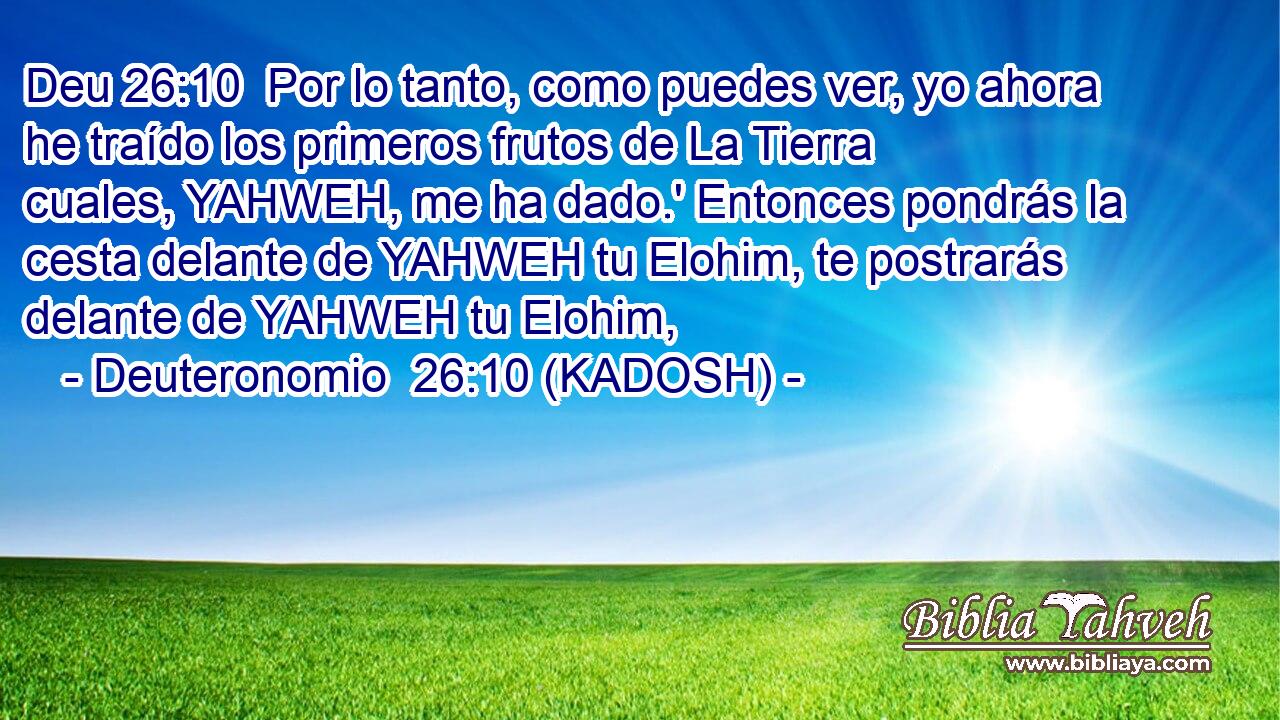  Por lo tanto, como puedes ver, yo ahora he traído los primeros frutos de La Tierra cuales, YAHWEH, me ha dado.' Entonces pondrás la cesta delante de YAHWEH tu Elohim, te postrarás delante de YAHWEH tu Elohim, 