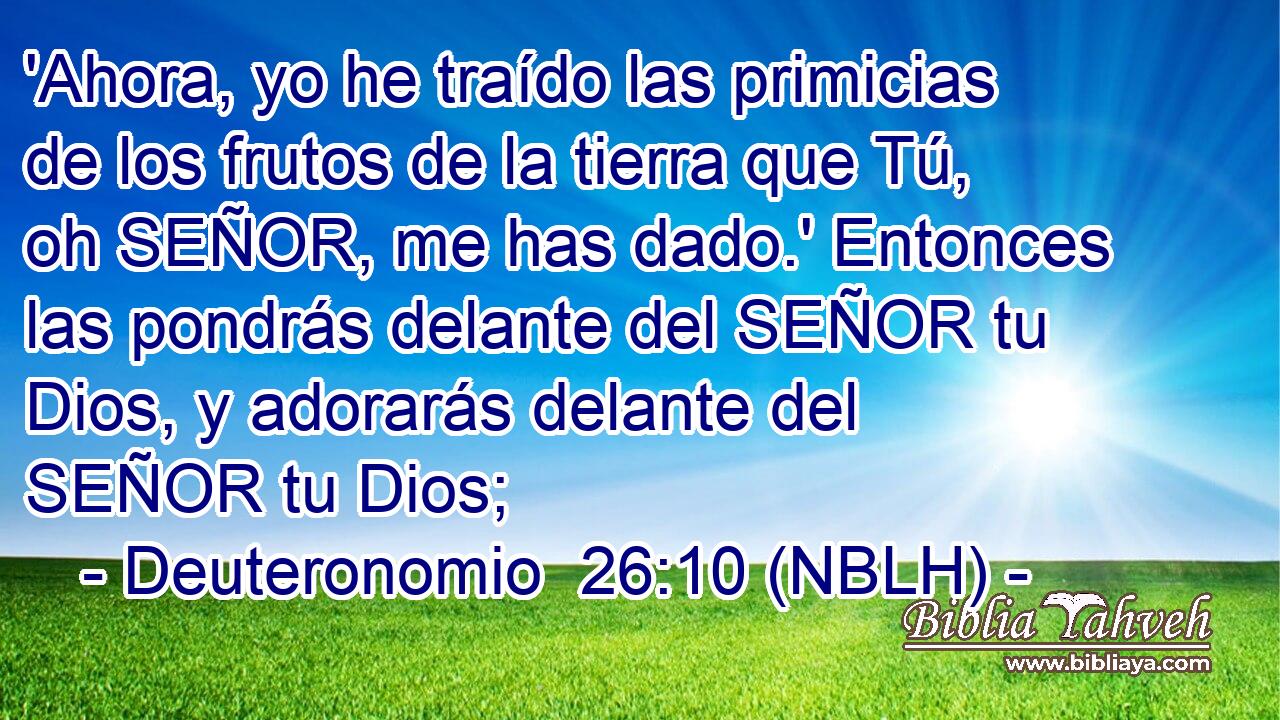  'Ahora, yo he traído las primicias de los frutos de la tierra que Tú, oh SEÑOR, me has dado.' Entonces las pondrás delante del SEÑOR tu Dios, y adorarás delante del SEÑOR tu Dios; 