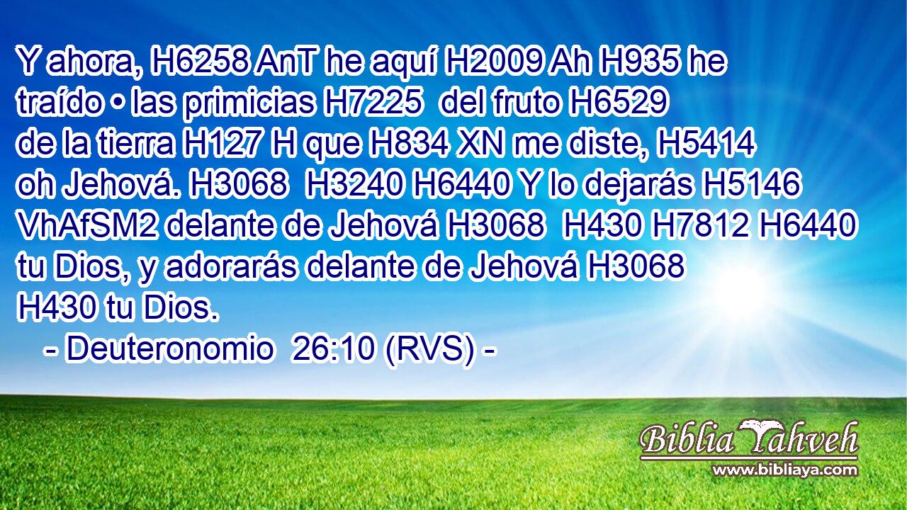 Y ahora, H6258 AnT he aquí H2009 Ah H935 he traído • las primicias H7225  del fruto H6529  de la tierra H127 H que H834 XN me diste, H5414  oh Jehová. H3068  H3240 H6440 Y lo dejarás H5146 VhAfSM2 delante de Jehová H3068  H430 H7812 H6440 tu Dios, y adorarás delante de Jehová H3068  H430 tu Dios. 