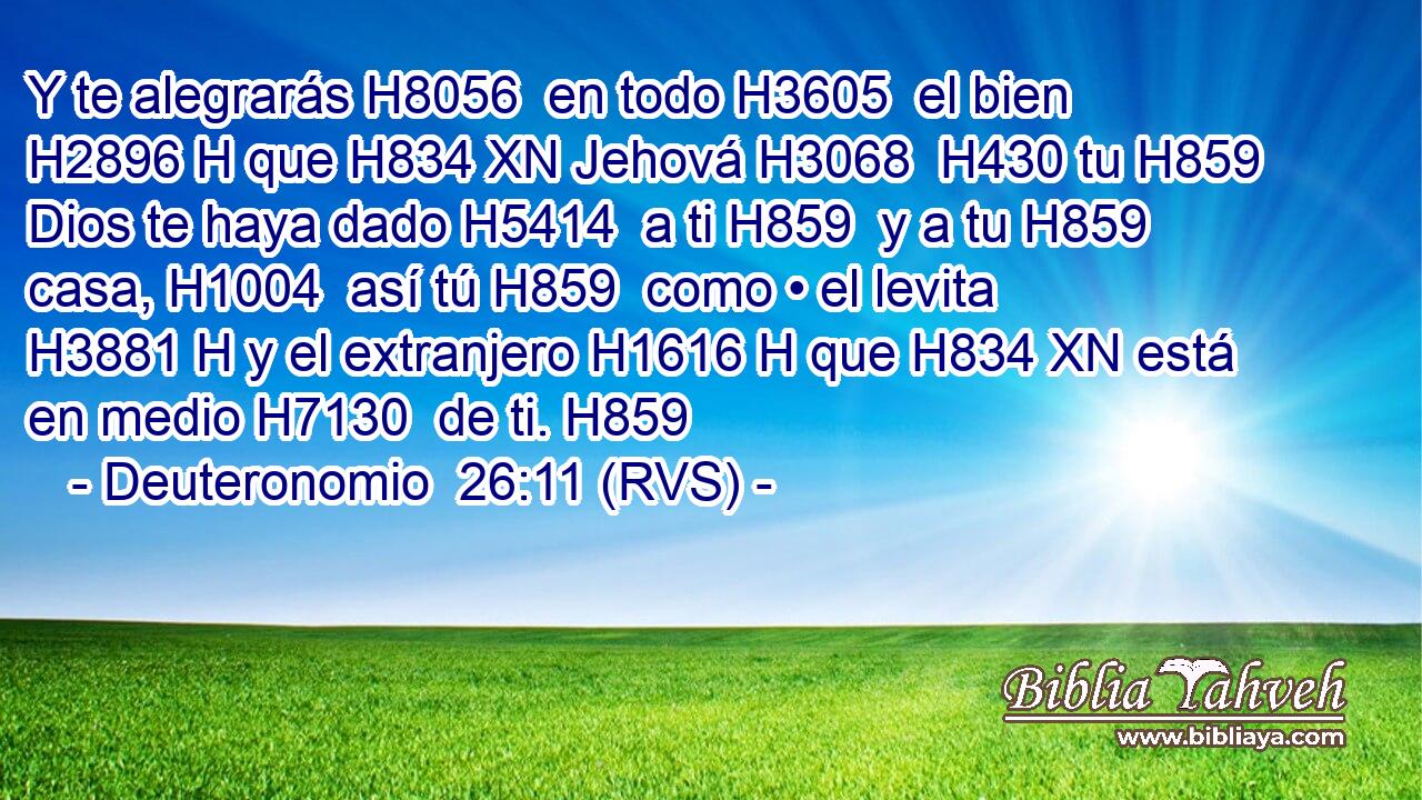 Y te alegrarás H8056  en todo H3605  el bien H2896 H que H834 XN Jehová H3068  H430 tu H859  Dios te haya dado H5414  a ti H859  y a tu H859  casa, H1004  así tú H859  como • el levita H3881 H y el extranjero H1616 H que H834 XN está en medio H7130  de ti. H859  