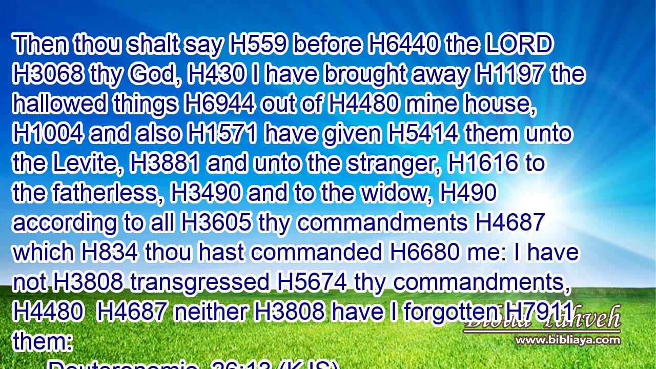 Then thou shalt say H559 before H6440 the LORD H3068 thy God, H430 I have brought away H1197 the hallowed things H6944 out of H4480 mine house, H1004 and also H1571 have given H5414 them unto the Levite, H3881 and unto the stranger, H1616 to the fatherless, H3490 and to the widow, H490 according to all H3605 thy commandments H4687 which H834 thou hast commanded H6680 me: I have not H3808 transgressed H5674 thy commandments, H4480  H4687 neither H3808 have I forgotten H7911 them: