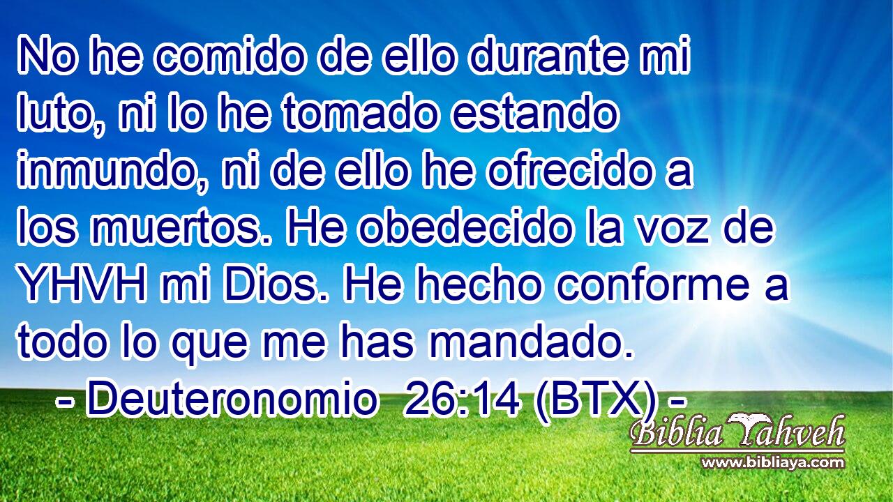 No he comido de ello durante mi luto, ni lo he tomado estando inmundo, ni de ello he ofrecido a los muertos. He obedecido la voz de YHVH mi Dios. He hecho conforme a todo lo que me has mandado.