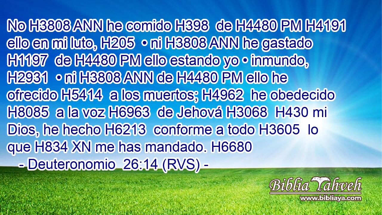 No H3808 ANN he comido H398  de H4480 PM H4191 ello en mi luto, H205  • ni H3808 ANN he gastado H1197  de H4480 PM ello estando yo • inmundo, H2931  • ni H3808 ANN de H4480 PM ello he ofrecido H5414  a los muertos; H4962  he obedecido H8085  a la voz H6963  de Jehová H3068  H430 mi Dios, he hecho H6213  conforme a todo H3605  lo que H834 XN me has mandado. H6680  