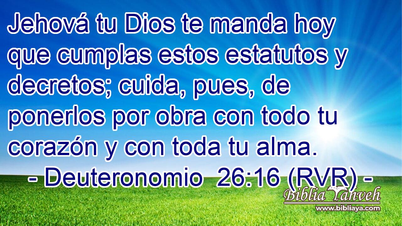 Jehová tu Dios te manda hoy que cumplas estos estatutos y decretos; cuida, pues, de ponerlos por obra con todo tu corazón y con toda tu alma.