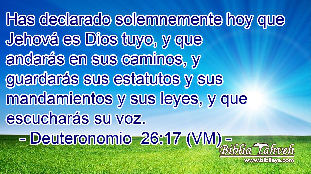  Has declarado solemnemente hoy que Jehová es Dios tuyo, y que andarás en sus caminos, y guardarás sus estatutos y sus mandamientos y sus leyes, y que escucharás su voz. 
