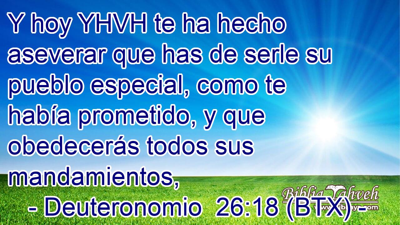 Y hoy YHVH te ha hecho aseverar que has de serle su pueblo especial, como te había prometido, y que obedecerás todos sus mandamientos,