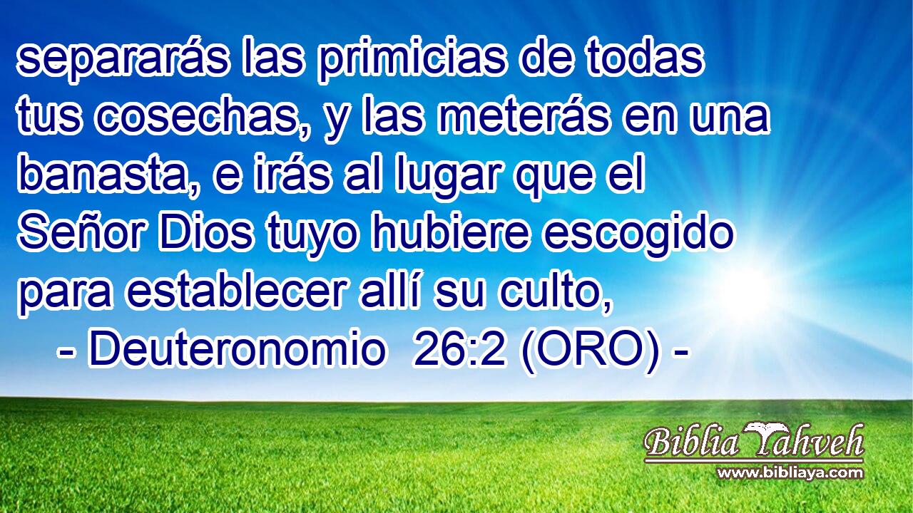 separarás las primicias de todas tus cosechas, y las meterás en una banasta, e irás al lugar que el Señor Dios tuyo hubiere escogido para establecer allí su culto, 