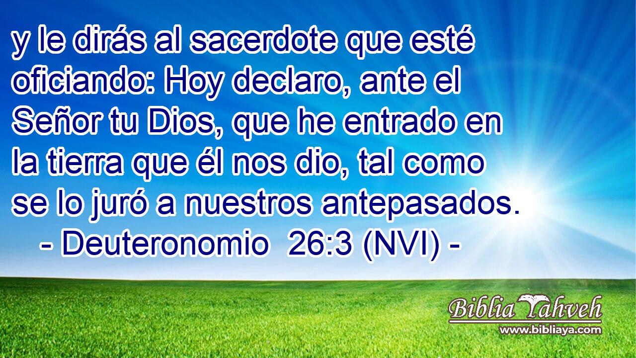  y le dirás al sacerdote que esté oficiando: Hoy declaro, ante el Señor tu Dios, que he entrado en la tierra que él nos dio, tal como se lo juró a nuestros antepasados. 