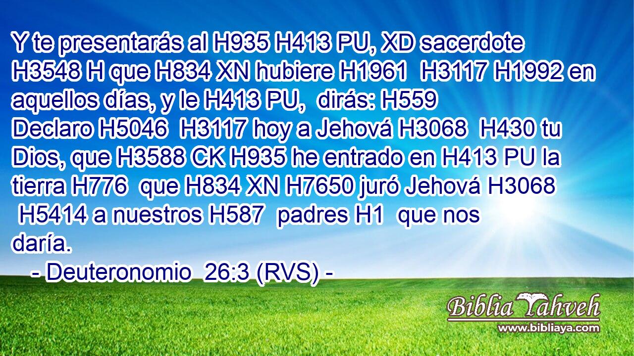 Y te presentarás al H935 H413 PU, XD sacerdote H3548 H que H834 XN hubiere H1961  H3117 H1992 en aquellos días, y le H413 PU,  dirás: H559  Declaro H5046  H3117 hoy a Jehová H3068  H430 tu Dios, que H3588 CK H935 he entrado en H413 PU la tierra H776  que H834 XN H7650 juró Jehová H3068  H5414 a nuestros H587  padres H1  que nos daría. 