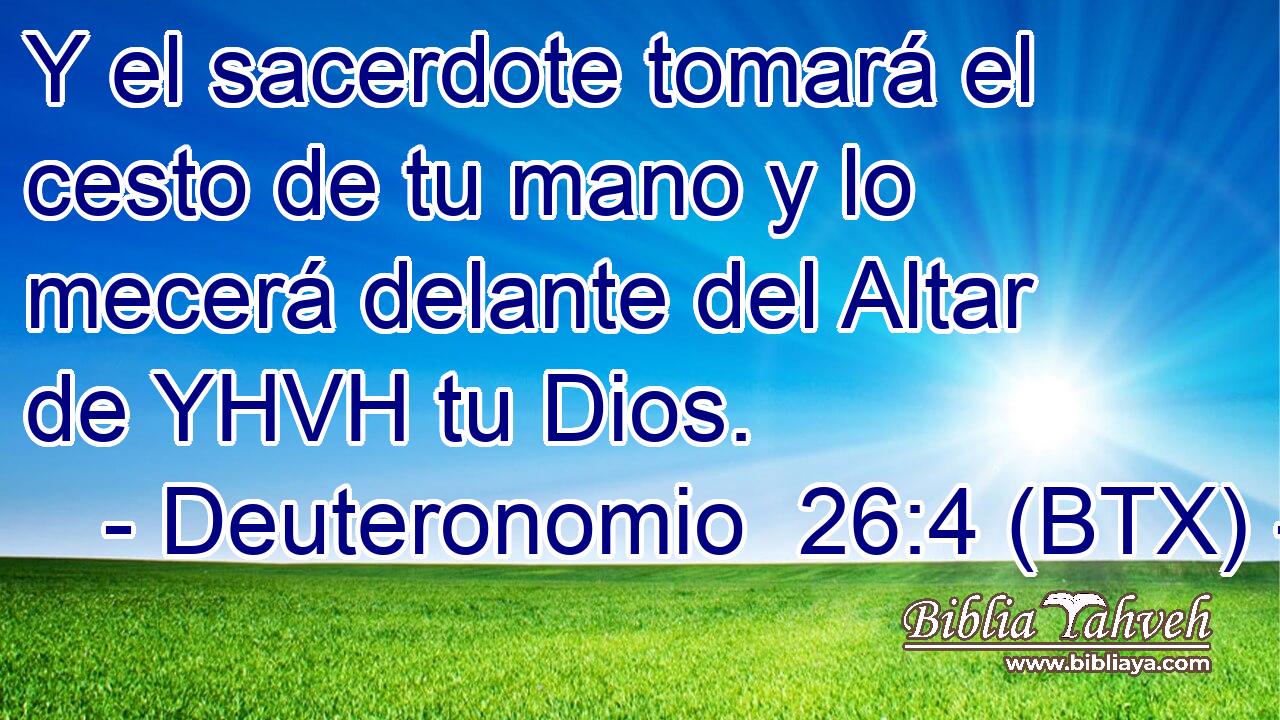 Y el sacerdote tomará el cesto de tu mano y lo mecerá delante del Altar de YHVH tu Dios.