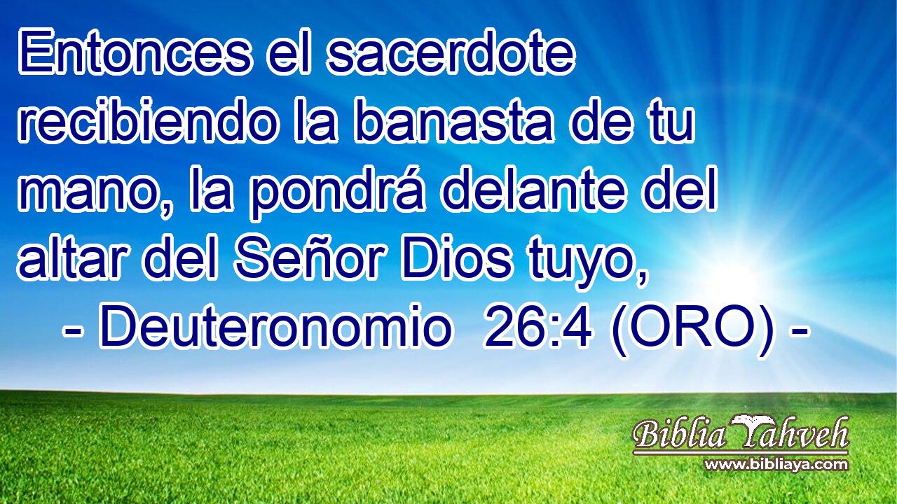  Entonces el sacerdote recibiendo la banasta de tu mano, la pondrá delante del altar del Señor Dios tuyo, 