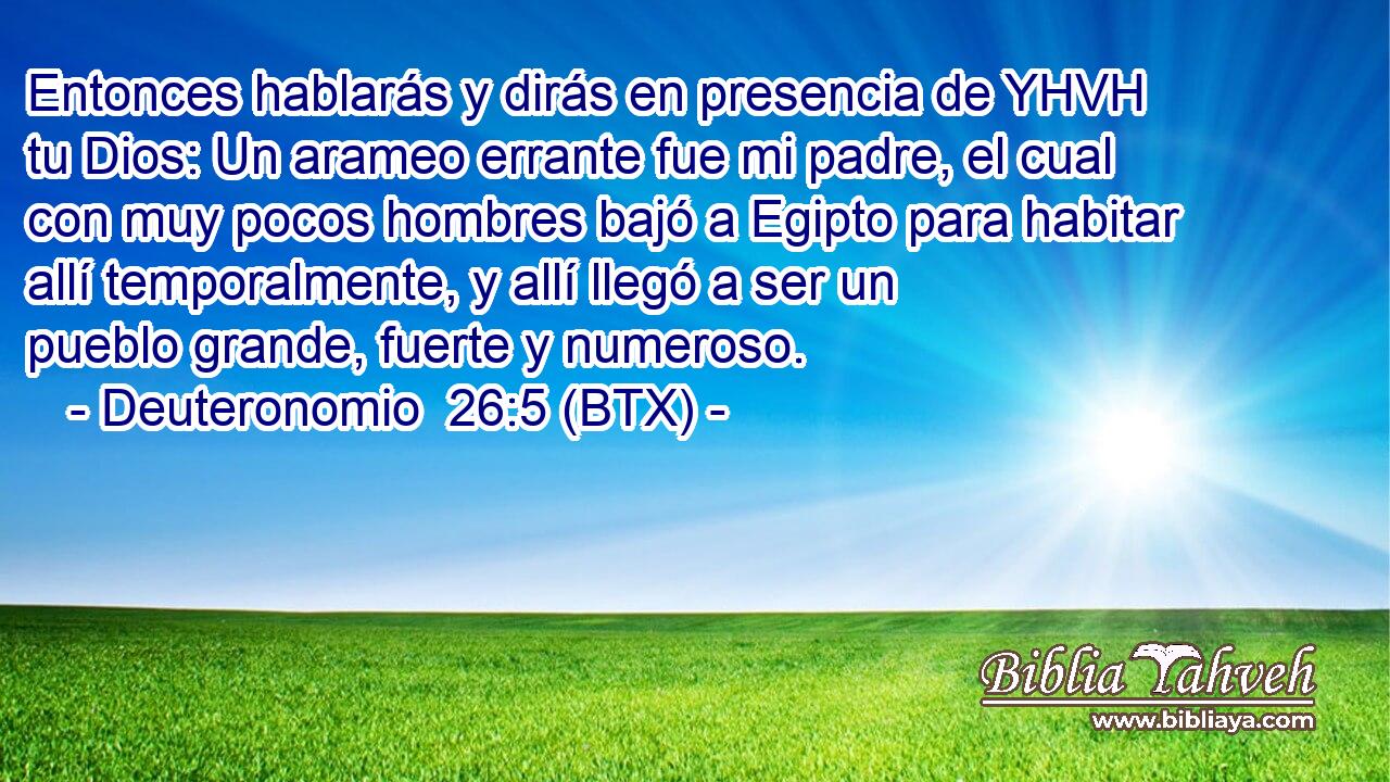 Entonces hablarás y dirás en presencia de YHVH tu Dios: Un arameo errante fue mi padre, el cual con muy pocos hombres bajó a Egipto para habitar allí temporalmente, y allí llegó a ser un pueblo grande, fuerte y numeroso.