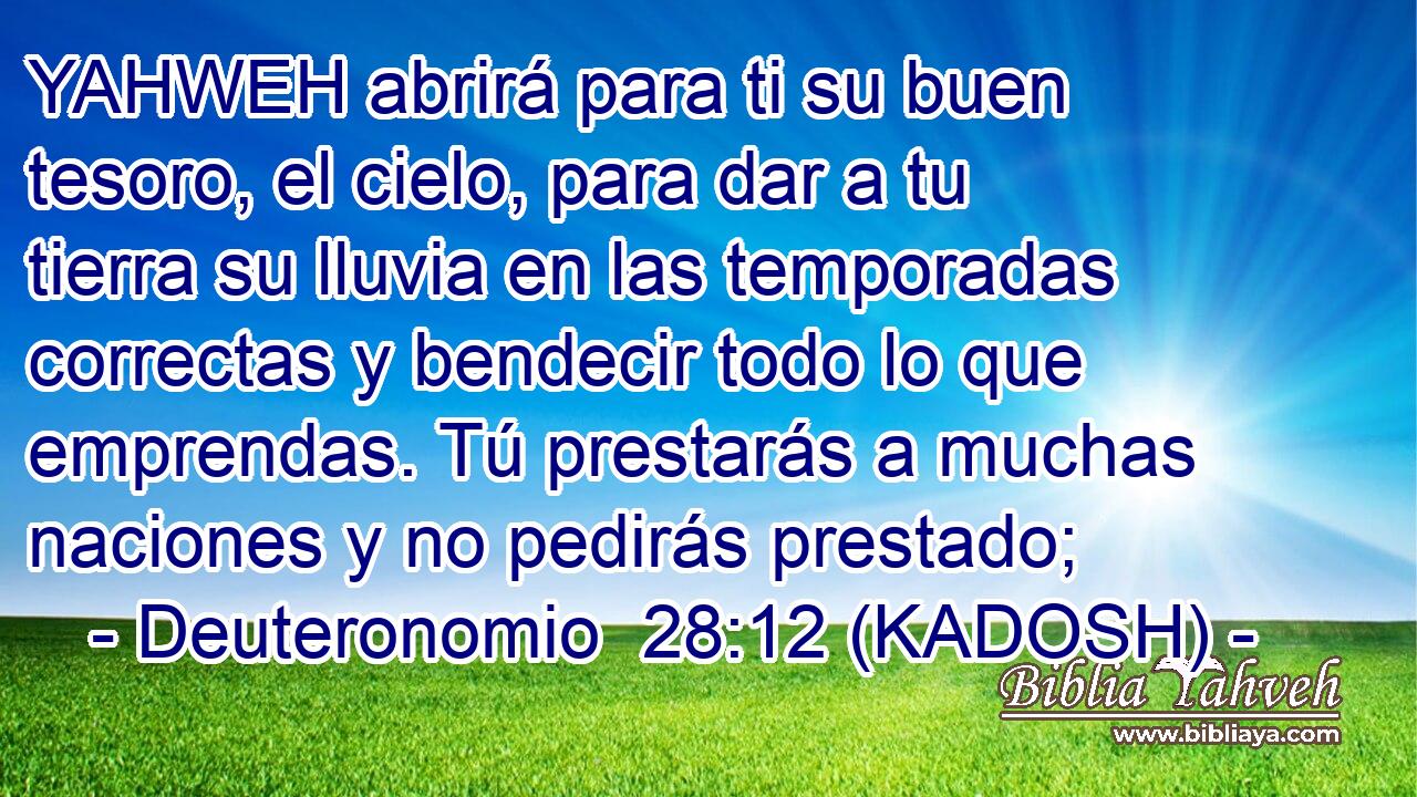 YAHWEH abrirá para ti su buen tesoro, el cielo, para dar a tu tierra su lluvia en las temporadas correctas y bendecir todo lo que emprendas. Tú prestarás a muchas naciones y no pedirás prestado; 