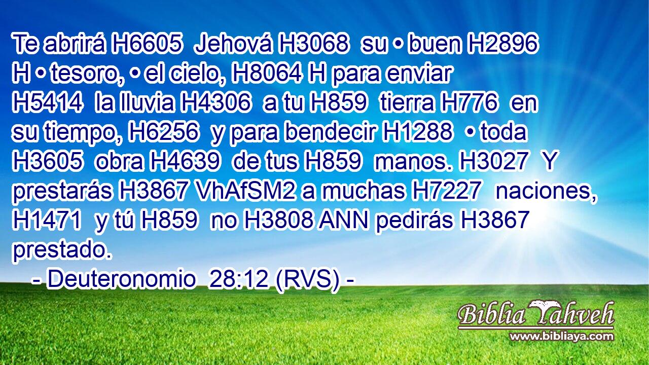 Te abrirá H6605  Jehová H3068  su • buen H2896 H • tesoro, • el cielo, H8064 H para enviar H5414  la lluvia H4306  a tu H859  tierra H776  en su tiempo, H6256  y para bendecir H1288  • toda H3605  obra H4639  de tus H859  manos. H3027  Y prestarás H3867 VhAfSM2 a muchas H7227  naciones, H1471  y tú H859  no H3808 ANN pedirás H3867  prestado. 